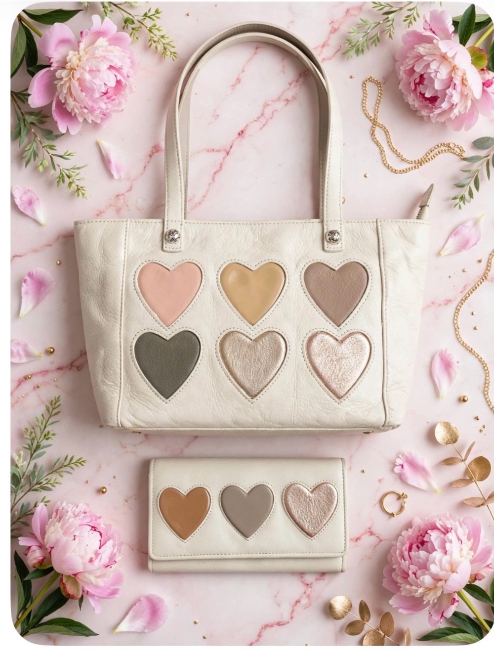 Brighton Cream Tote and Wallet with Multi-Color Heart Inlays